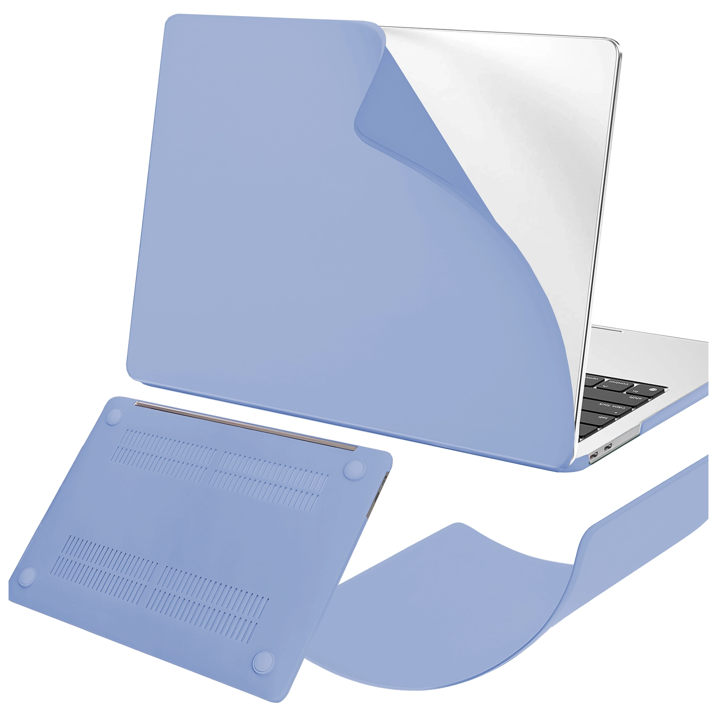 Na obrazie widoczne jest lawendowe etui ochronne na laptopa, które jest elastyczne i matowe. Etui jest pokazane w dwóch częściach: jedna część zakrywa górną część laptopa, a druga dolną, z otworami wentylacyjnymi i gumowymi nóżkami.