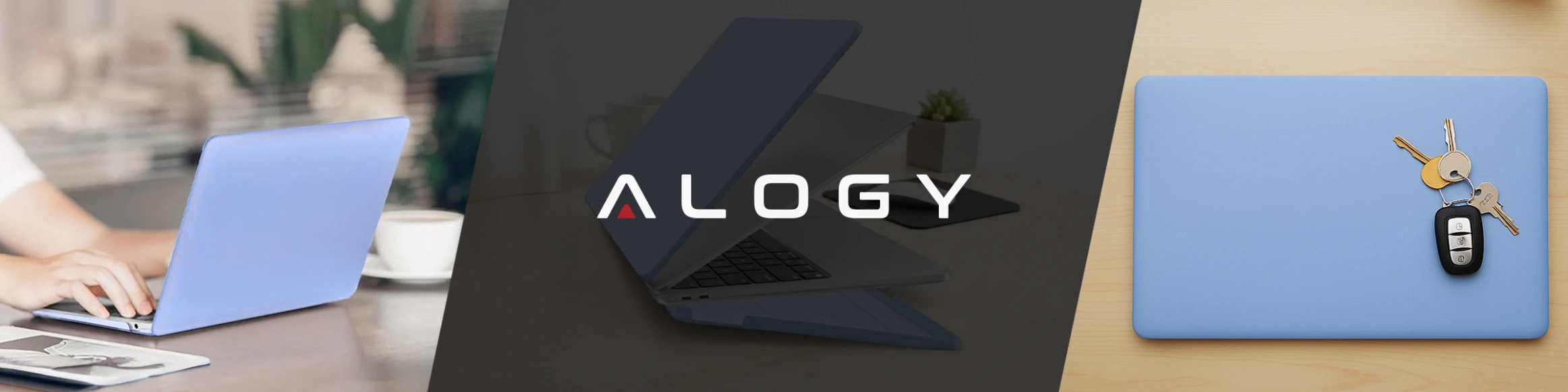 Obraz przedstawia trzy sceny z laptopem w lawendowym etui. Na środku widoczne jest logo \'ALOGY\'.