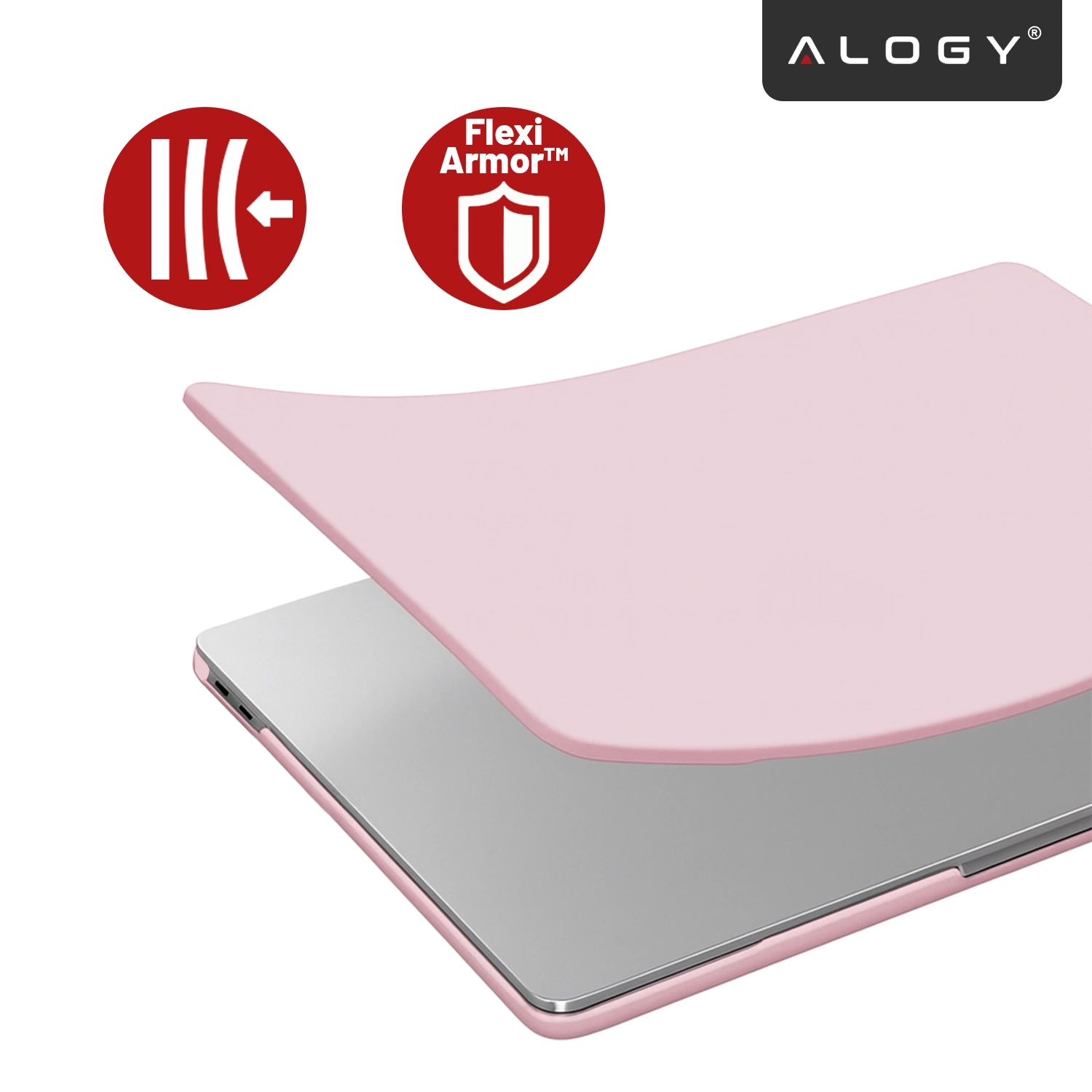 Różowe etui ochronne na laptopa unosi się nad srebrnym urządzeniem. Obok znajdują się czerwone ikony z napisami: \'Flexi Armor™\' i logo Alogy.