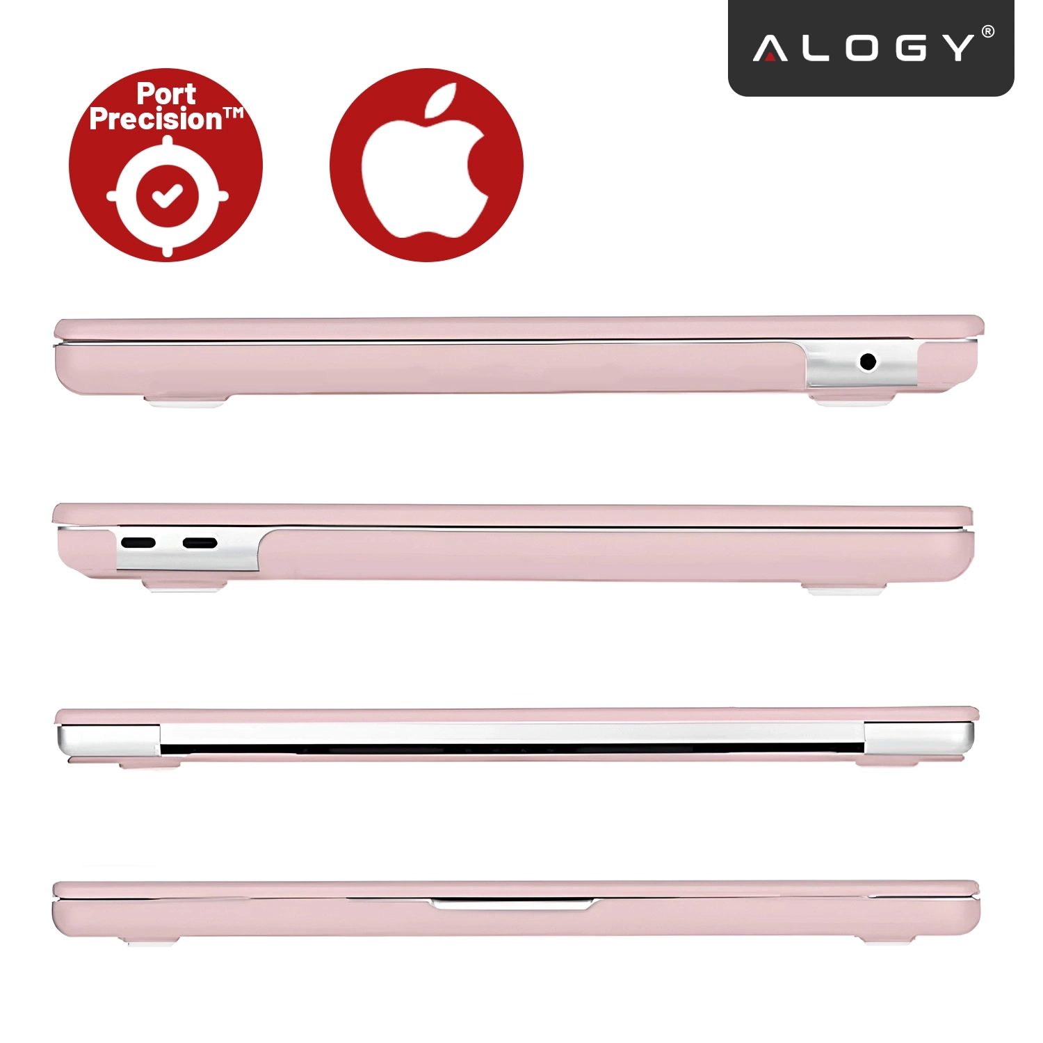 Obraz przedstawia różowe etui ochronne na laptopa, widoczne z różnych perspektyw. W lewym górnym rogu znajdują się dwa czerwone symbole: \'Port Precision™\' oraz logo w kształcie jabłka, a w prawym górnym rogu logo \'ALOGY\'.
