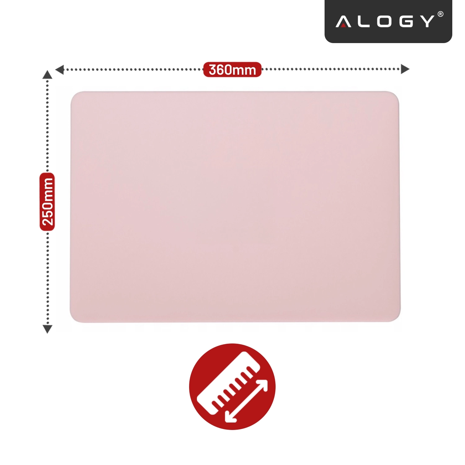 Różowe etui o wymiarach 360mm na 250mm, z logo \'ALOGY\' w rogu. Na dole znajduje się ikona z linijką wskazująca na wymiary produktu.