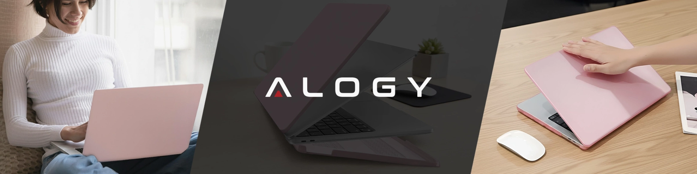 Obraz przedstawia trzy sceny z różowym etui na laptopa. Na środku widoczne jest logo \'ALOGY\'.