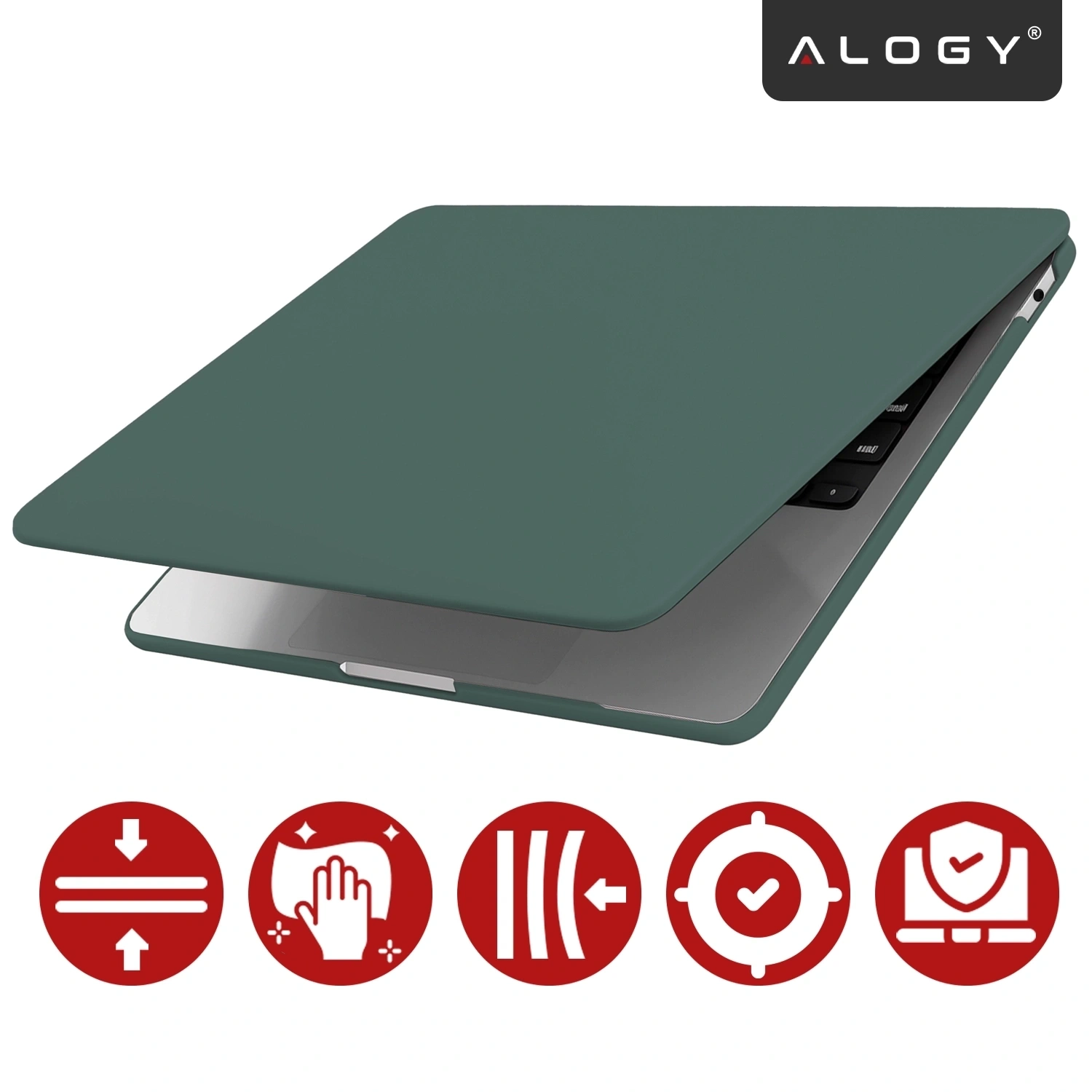 Zielone etui ochronne na laptopa z logo \'ALOGY\' w rogu. Na dole widoczne są czerwone ikony symbolizujące różne cechy produktu.