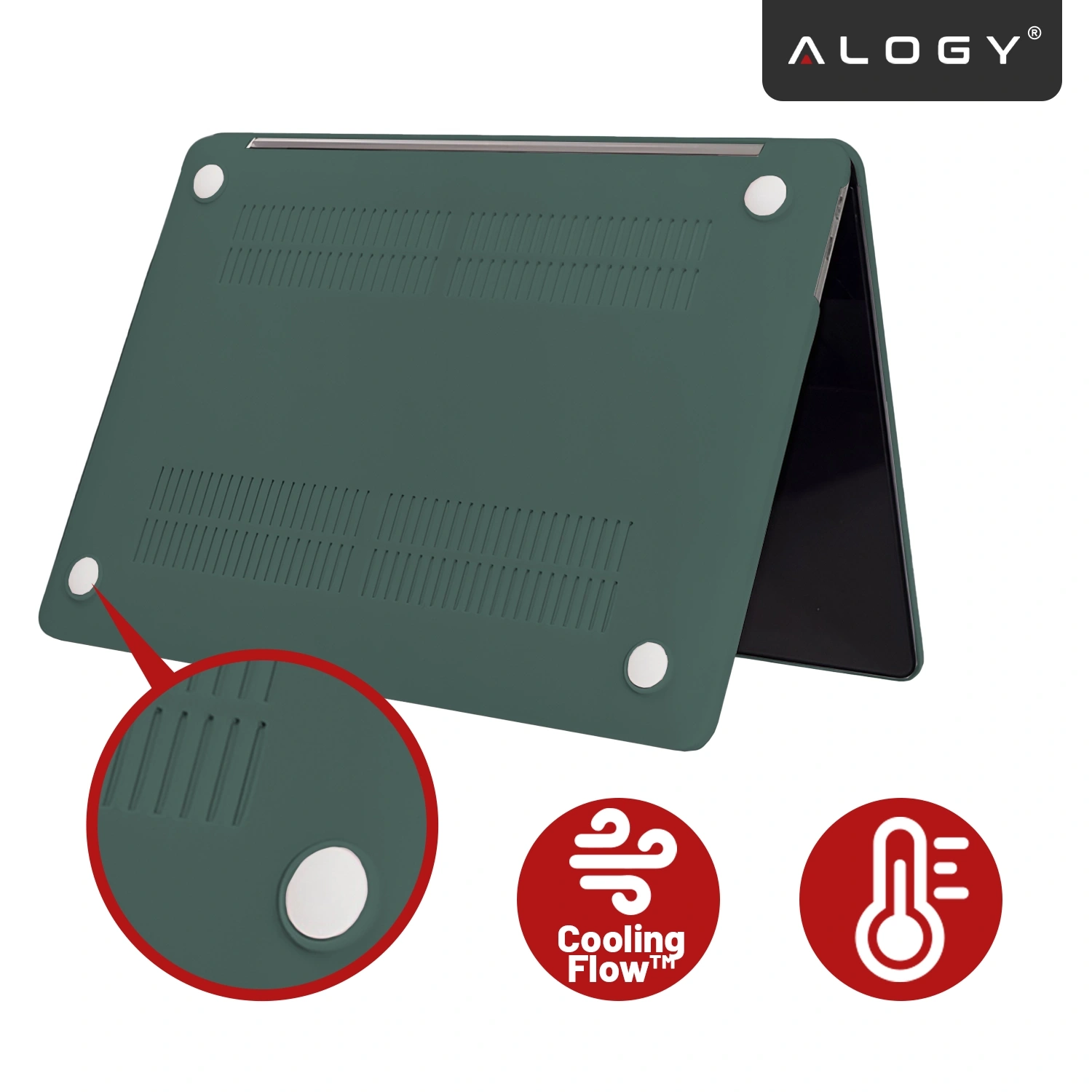 Zielone etui do laptopa z widocznymi otworami wentylacyjnymi i białymi podkładkami na rogach. Logo \'ALOGY\' znajduje się w górnym rogu, a poniżej są ikony z napisami \'Cooling Flow™\'.