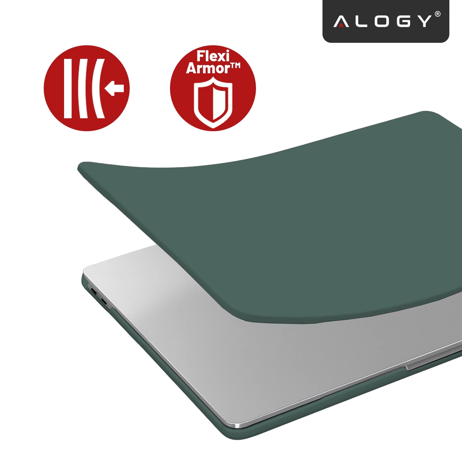 Obraz przedstawia zielone, elastyczne etui ochronne na laptopa, częściowo nałożone na urządzenie. Widoczne są dwa czerwone symbole: jeden z trzema liniami i strzałką oraz drugi z tarczą i napisem \'Flexi Armor™\', a w prawym górnym rogu znajduje się logo \'ALOGY\'.