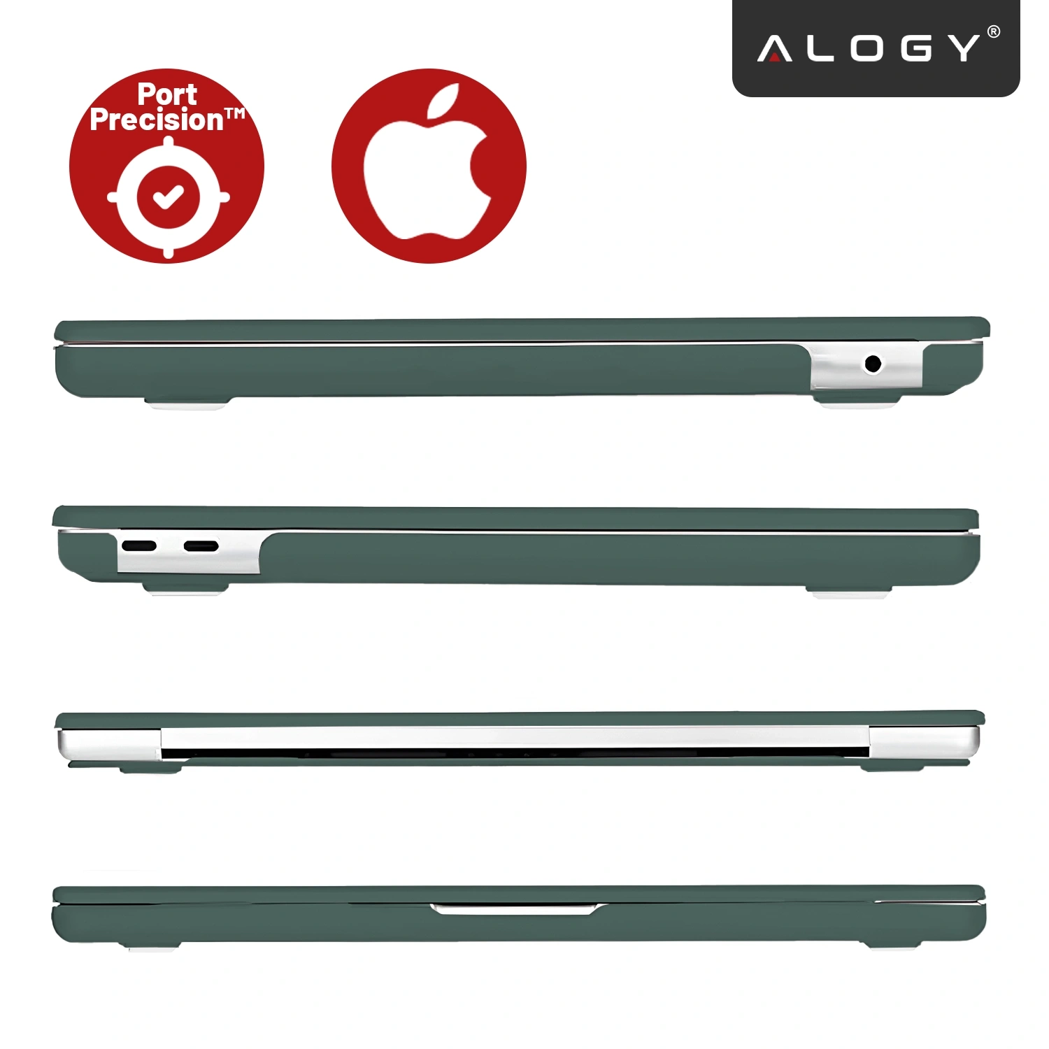 Obraz przedstawia zielone etui ochronne na laptopa, widoczne z różnych perspektyw. W górnym rogu znajduje się logo \'ALOGY\', a obok dwa czerwone symbole: \'Port Precision™\' i logo Apple.