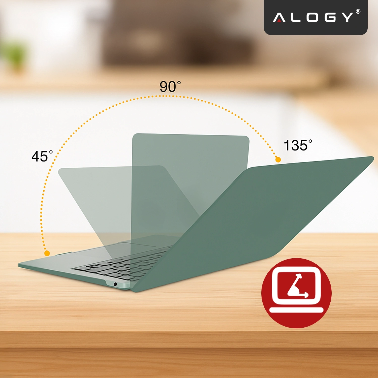 Obraz przedstawia zielone etui na laptopa z logo \'ALOGY\' w rogu. Widoczne są kąty otwarcia pokrywy: 45°, 90°, 135° oraz ikona laptopa na czerwonym tle.