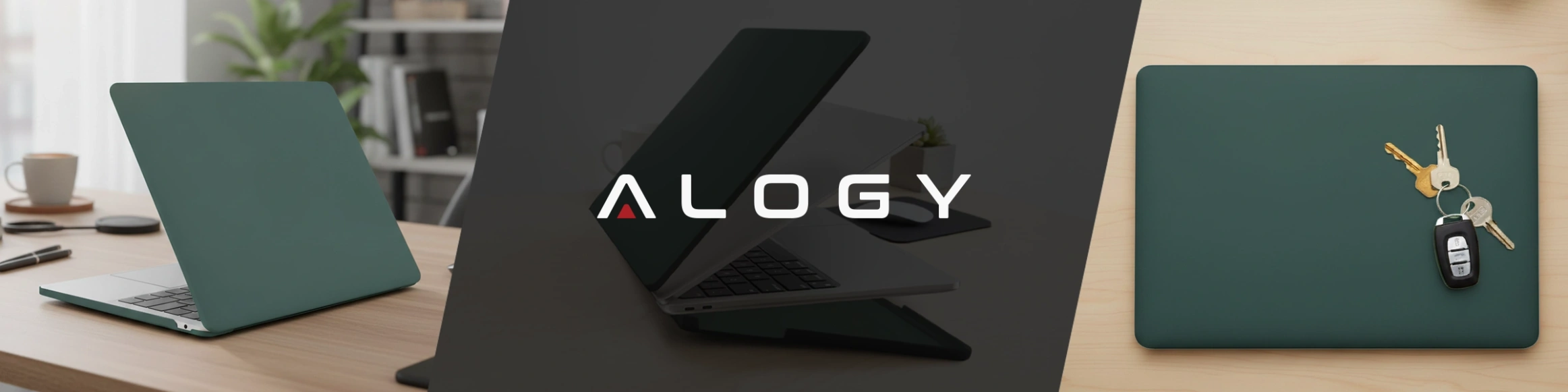 Obraz przedstawia zielone etui na laptopa umieszczone na biurku, obok którego leżą klucze. Na środku widoczne jest logo \'ALOGY\'.