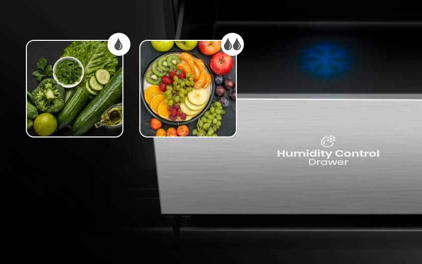 Obraz przedstawia szufladę lodówki z napisem \'Humidity Control Drawer\'. Obok znajdują się dwa zdjęcia: jedno z warzywami, a drugie z owocami, z ikonami kropli wody wskazującymi poziom wilgotności.