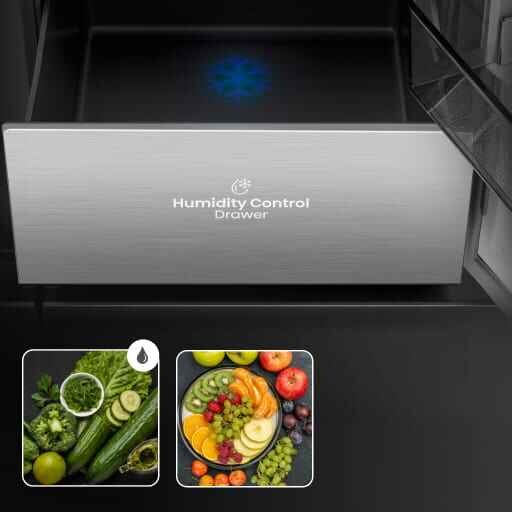 Wnętrze lodówki z szufladą oznaczoną napisem \'Humidity Control Drawer\'. Obok znajdują się dwa małe zdjęcia przedstawiające świeże warzywa i owoce.