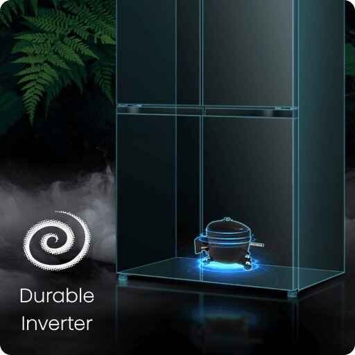 Grafika przedstawia schemat lodówki z podświetlonym wnętrzem, w którym znajduje się garnek. W lewym dolnym rogu widnieje napis \'Durable Inverter\' oraz symbol spirali.