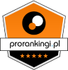 Odznaka w kształcie tarczy z napisem \'prorankingi.pl\' oraz pięcioma gwiazdkami na dole. Kolorystyka odznaki to pomarańcz, biel i czerń.