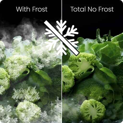 Obraz przedstawia porównanie dwóch stanów mrożenia brokułów: po lewej stronie z widocznym szronem i napisem \'With Frost\', po prawej stronie bez szronu z napisem \'Total No Frost\'. Na środku znajduje się symbol płatka śniegu przekreślony linią.