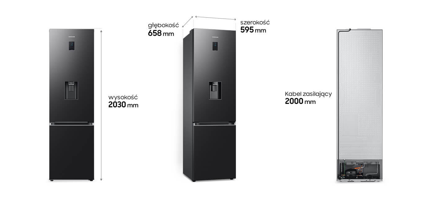 Wymiary lodówki Samsung Grand+ RB38C650EB1 w kolorze grafitowej stali Obraz przedstawia lodówkę w kolorze grafitowym z podajnikiem wody, o wymiarach: wysokość 2030 mm, głębokość 658 mm, szerokość 595 mm. Widoczny jest także kabel zasilający o długości 2000 mm.