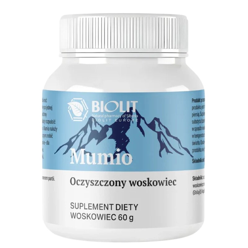 Biały pojemnik z niebieską etykietą przedstawiającą góry i tekst: \'BIOLIT Mumio Oczyszczony woskowiec\'. Dodatkowy tekst: \'SUPLEMENT DIETY WOSKOWIEC 60 g\'.