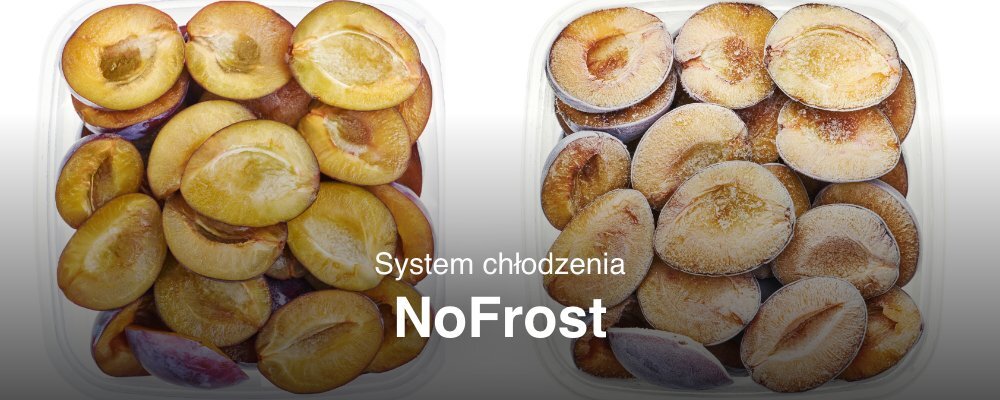 Dwa pojemniki z połówkami śliwek, z widocznym napisem \'System chłodzenia NoFrost\'.