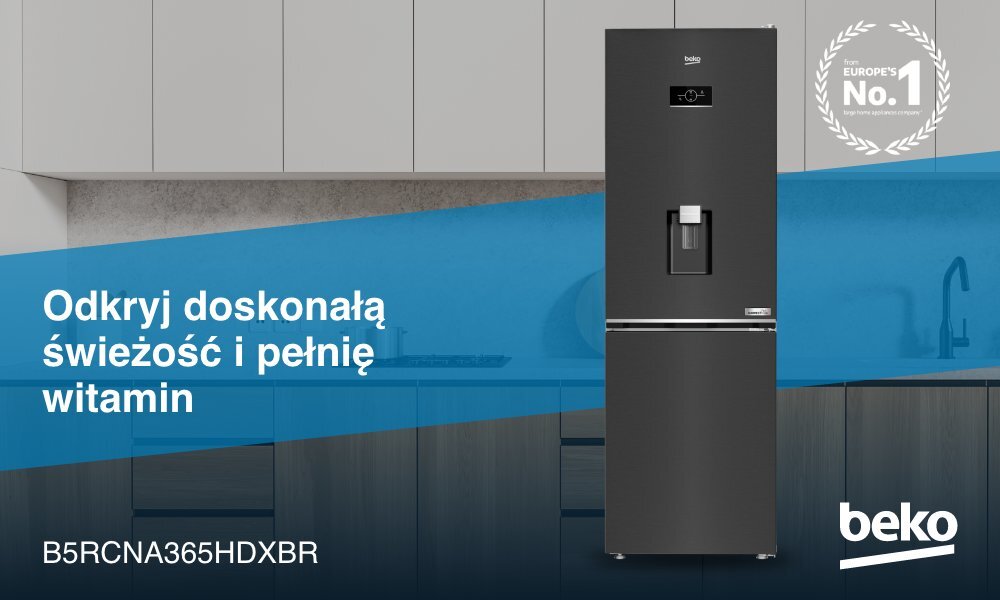 Na obrazie znajduje się ciemnoszara lodówka z dystrybutorem wody, obok której widnieje napis \'Odkryj doskonałą świeżość i pełnię witamin\'. W prawym dolnym rogu znajduje się logo \'beko\'.