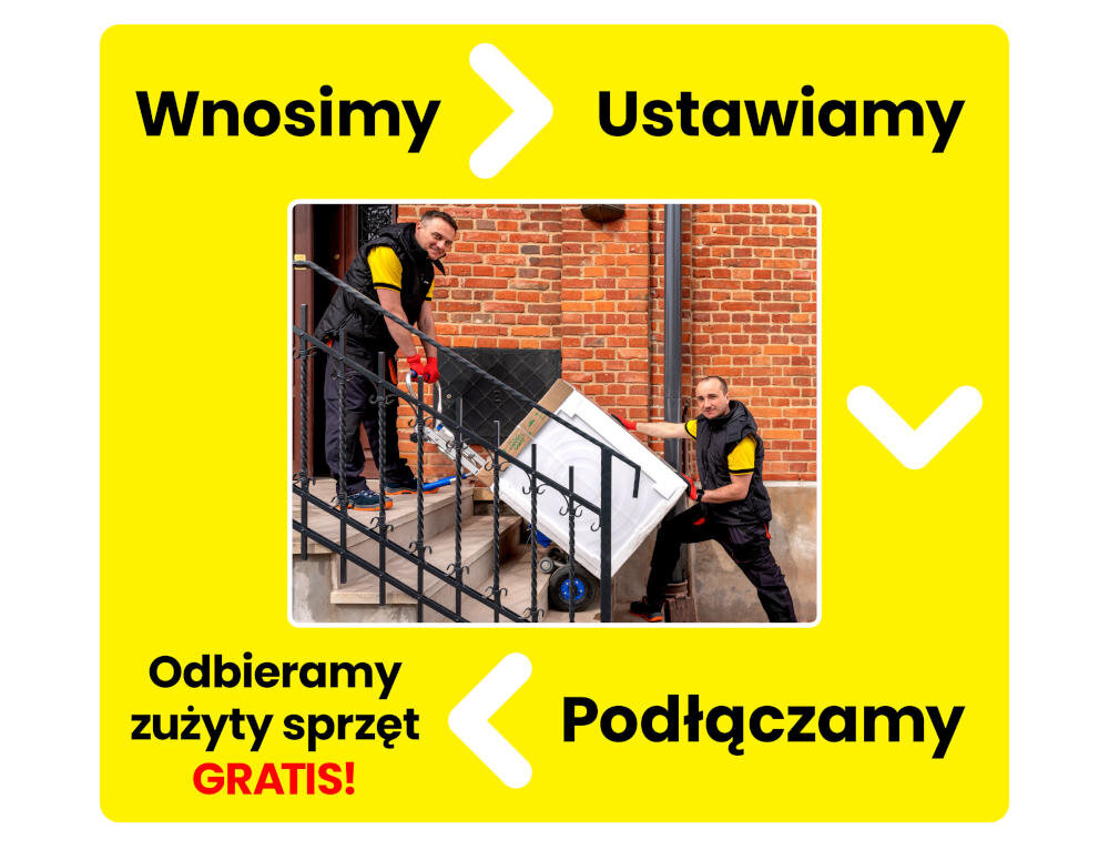 Dwóch mężczyzn wnosi pralkę po schodach przed budynkiem z cegły. Na żółtym tle widnieją napisy: \'Wnosimy\', \'Ustawiamy\', \'Podłączamy\', \'Odbieramy zużyty sprzęt GRATIS!\'.