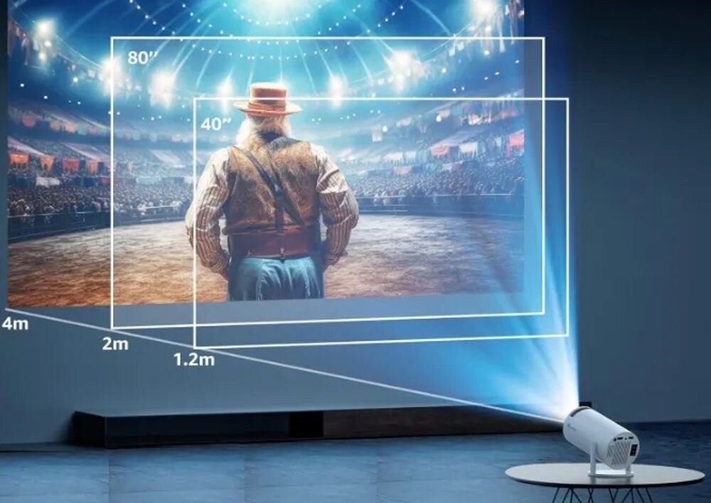 Obraz przedstawia projektor wyświetlający scenę z areny cyrkowej, na której stoi postać w kapeluszu. Na ekranie widoczne są oznaczenia rozmiarów projekcji: 40\