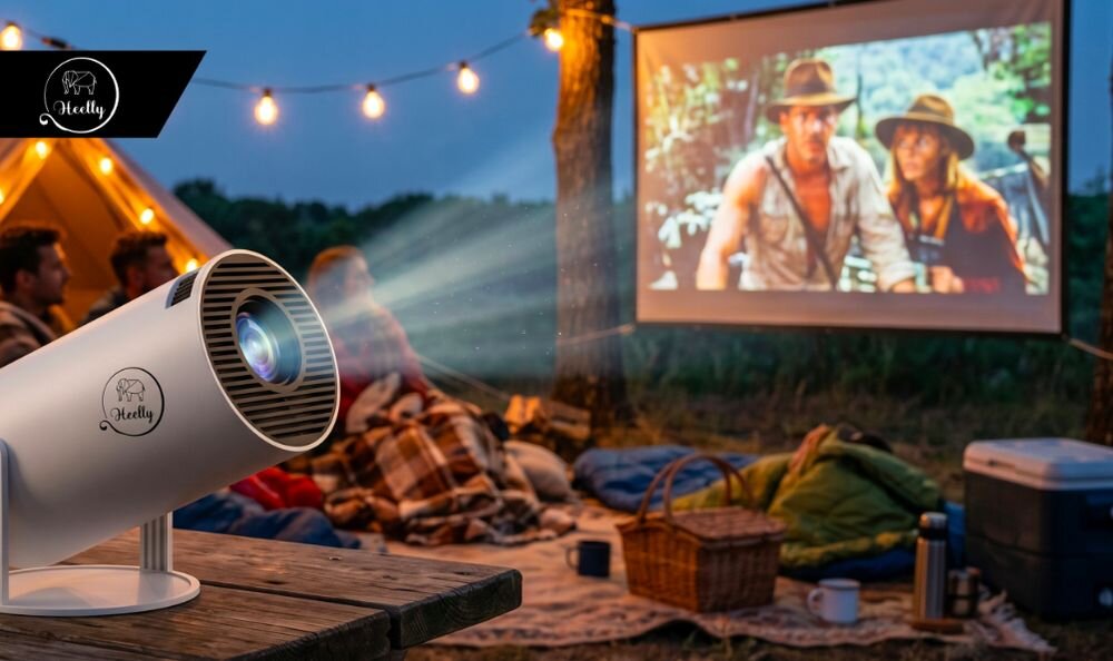 Na drewnianym stole stoi projektor emitujący światło na ekran, na którym wyświetlany jest film. W tle widoczne są osoby siedzące na kocach przed namiotem, a na projektorze znajduje się logo \'Heelly\'.