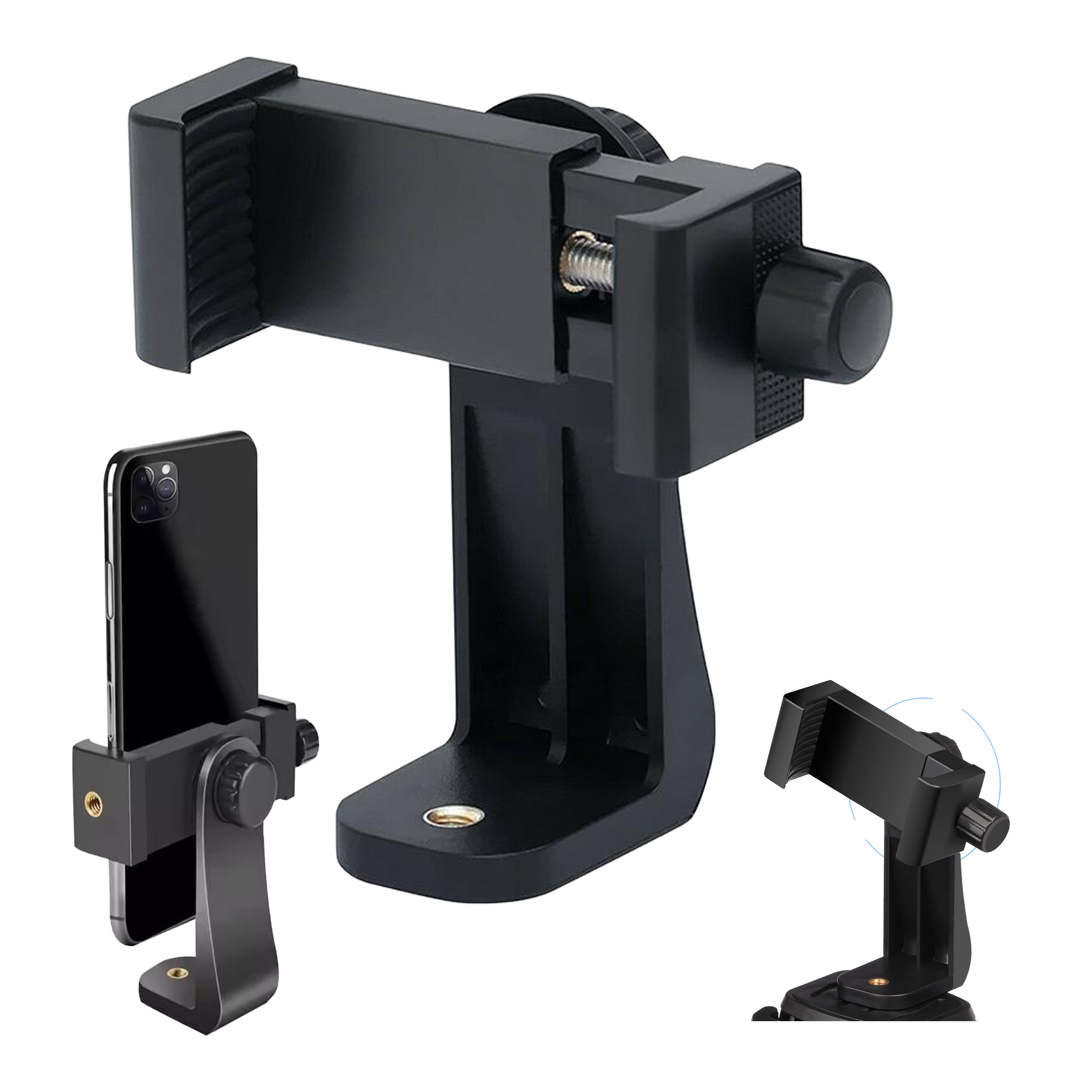 Czarny uchwyt adapter na telefon do statywu, z możliwością obrotu o 360 stopni, widoczny z różnych perspektyw. Uchwyt posiada mechanizm śrubowy do regulacji szerokości oraz otwory montażowe na statyw.