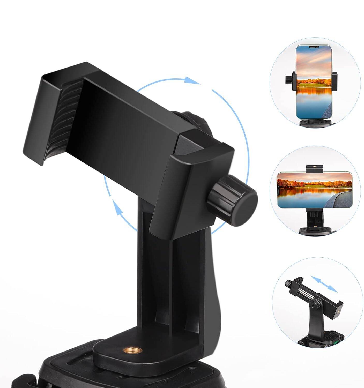 Czarny uchwyt adapter na telefon do statywu z możliwością obrotu o 360 stopni. Obrazek pokazuje uchwyt z telefonem w różnych pozycjach oraz strzałki wskazujące kierunek obrotu.