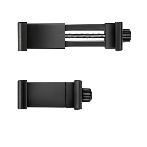 Czarny uchwyt adapter na telefon do statywu, z mechanizmem obrotowym 360 stopni i gwintem 1/4 cala. Widoczne są dwa ujęcia uchwytu: jedno z wysuniętym mechanizmem, drugie złożone.