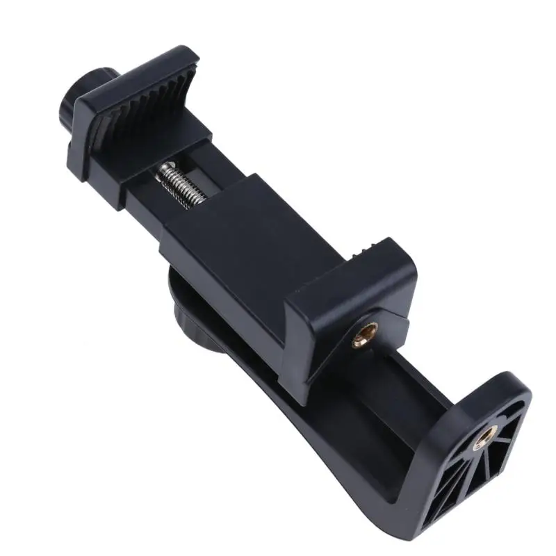 Czarny uchwyt adapter na telefon do statywu, z mechanizmem sprężynowym i otworem na śrubę 1/4 cala. Uchwyt posiada obrotową podstawę umożliwiającą rotację o 360 stopni.