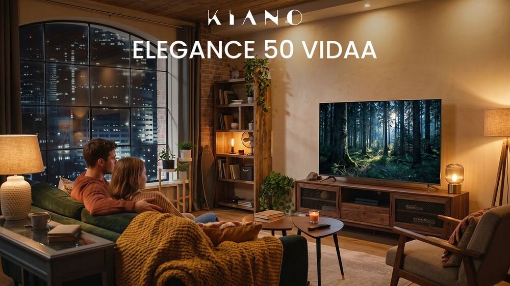 W salonie znajduje się telewizor wyświetlający obraz lasu, a na ekranie widnieje napis \'KIANO ELEGANCE 50 VIDAA\'. W pomieszczeniu są również kanapa, stolik i lampy, tworzące przytulną atmosferę.