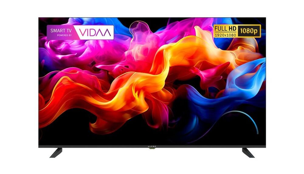 Telewizor z kolorowym, abstrakcyjnym wzorem na ekranie, z logo \'SMART TV powered by VIDAA\' oraz oznaczeniem \'FULL HD 1920x1080p\'.