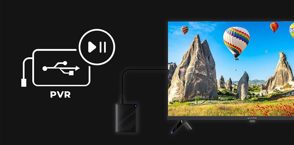 Obraz przedstawia telewizor wyświetlający krajobraz z balonami na tle skał. Obok znajduje się ikona z napisem \'PVR\' i symbolem USB oraz przyciskiem pauzy.