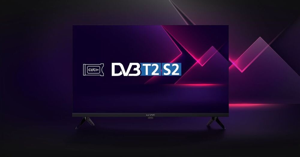 Telewizor z wyświetlonym na ekranie tekstem \'CI/CI+ DVB T2 S2\' na tle ciemnego, fioletowego wzoru z różowymi akcentami. Na dolnej ramce widoczne jest logo \'KIANO\'.