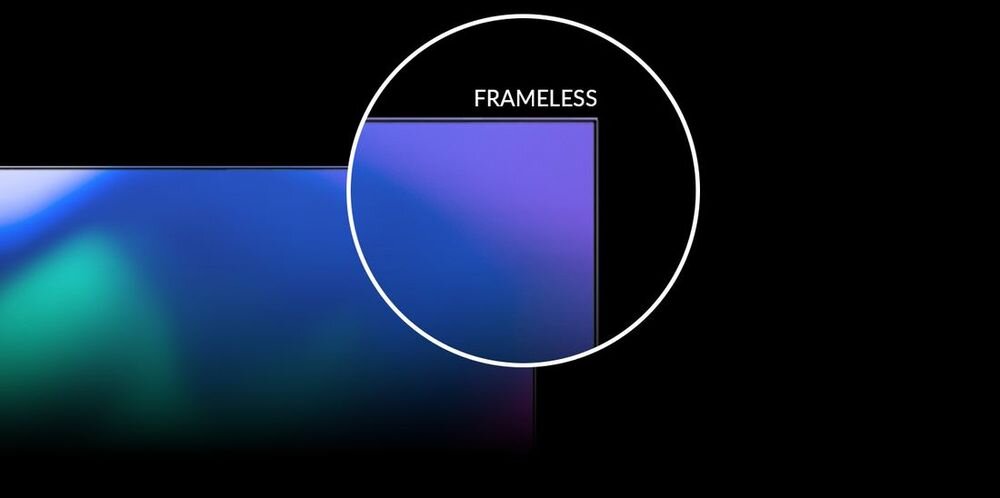 Obraz przedstawia zbliżenie na róg ekranu telewizora z napisem \'FRAMELESS\'.
