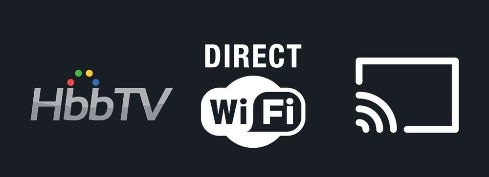 Obraz przedstawia trzy ikony: \'HbbTV\' z kolorowymi kropkami, \'DIRECT WiFi\' w chmurce oraz symbol ekranu z falami sygnału.