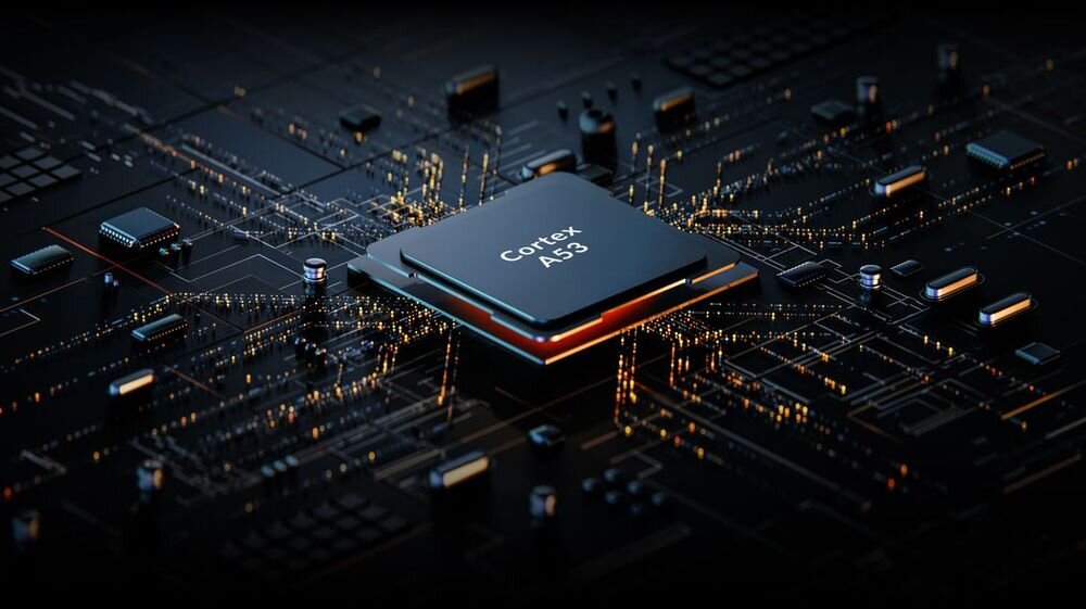 Obraz przedstawia zbliżenie na procesor z napisem \'Cortex A53\' umieszczony na płycie głównej z widocznymi ścieżkami i elementami elektronicznymi.