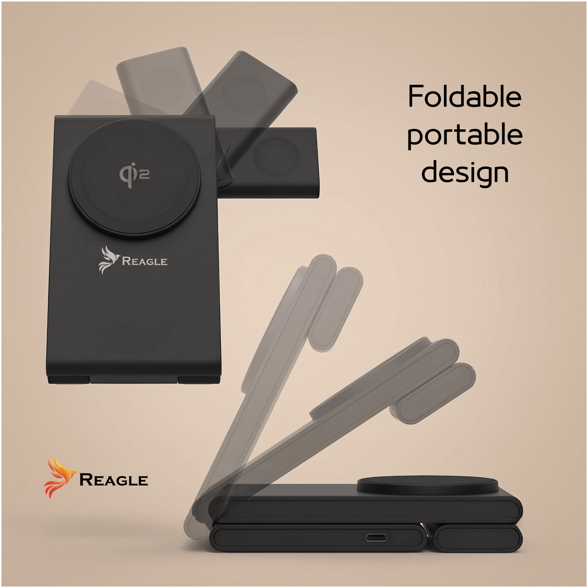 Czarna ładowarka indukcyjna z logo Reagle i oznaczeniem \'Qi2\', przedstawiona w pozycji złożonej i rozłożonej. Obok znajduje się tekst \'Foldable portable design\'.