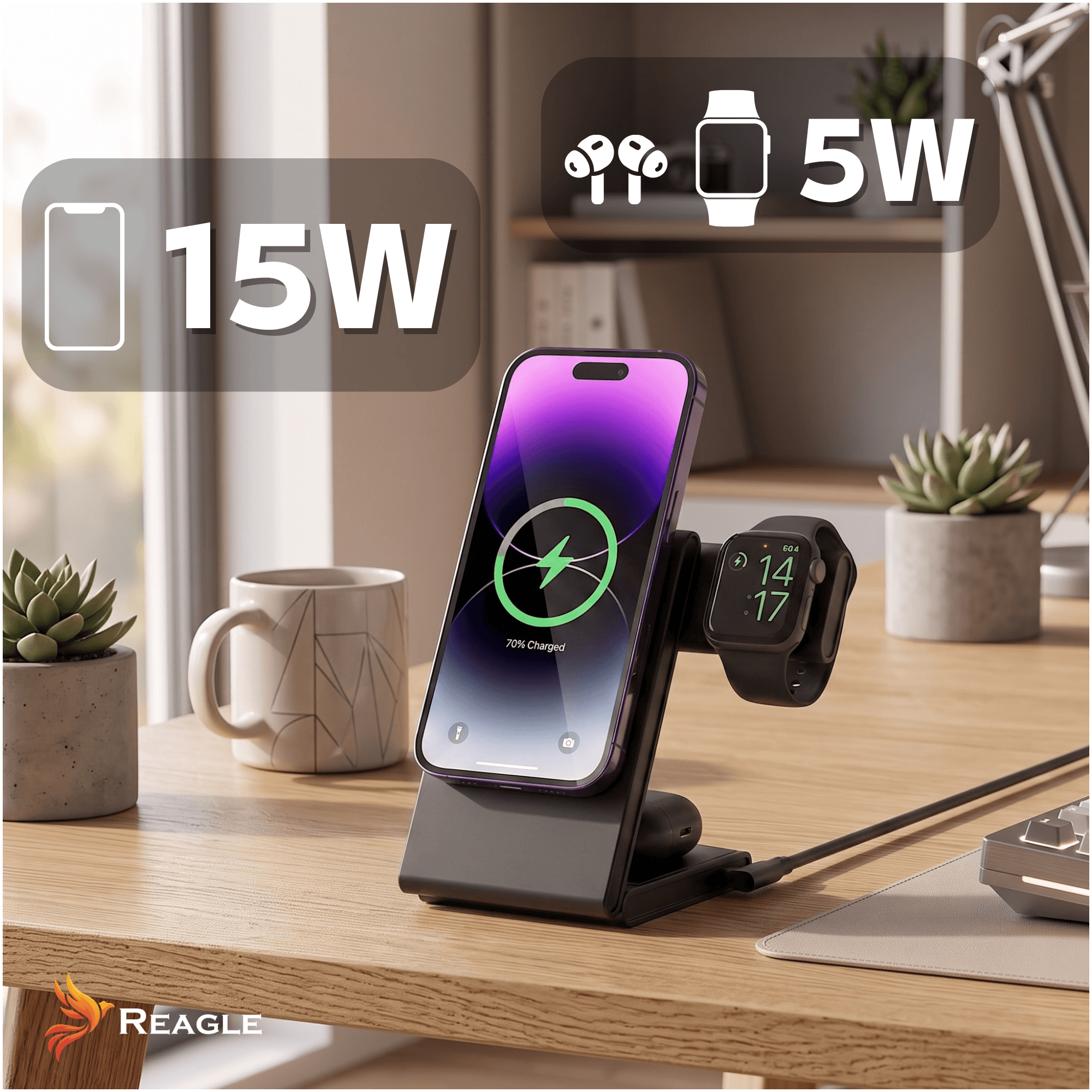 Na drewnianym biurku znajduje się czarna ładowarka indukcyjna z telefonem, zegarkiem i słuchawkami. Na obrazie widoczne są napisy: \'15W\', \'5W\', \'70% Charged\' oraz logo \'REAGLE\'.