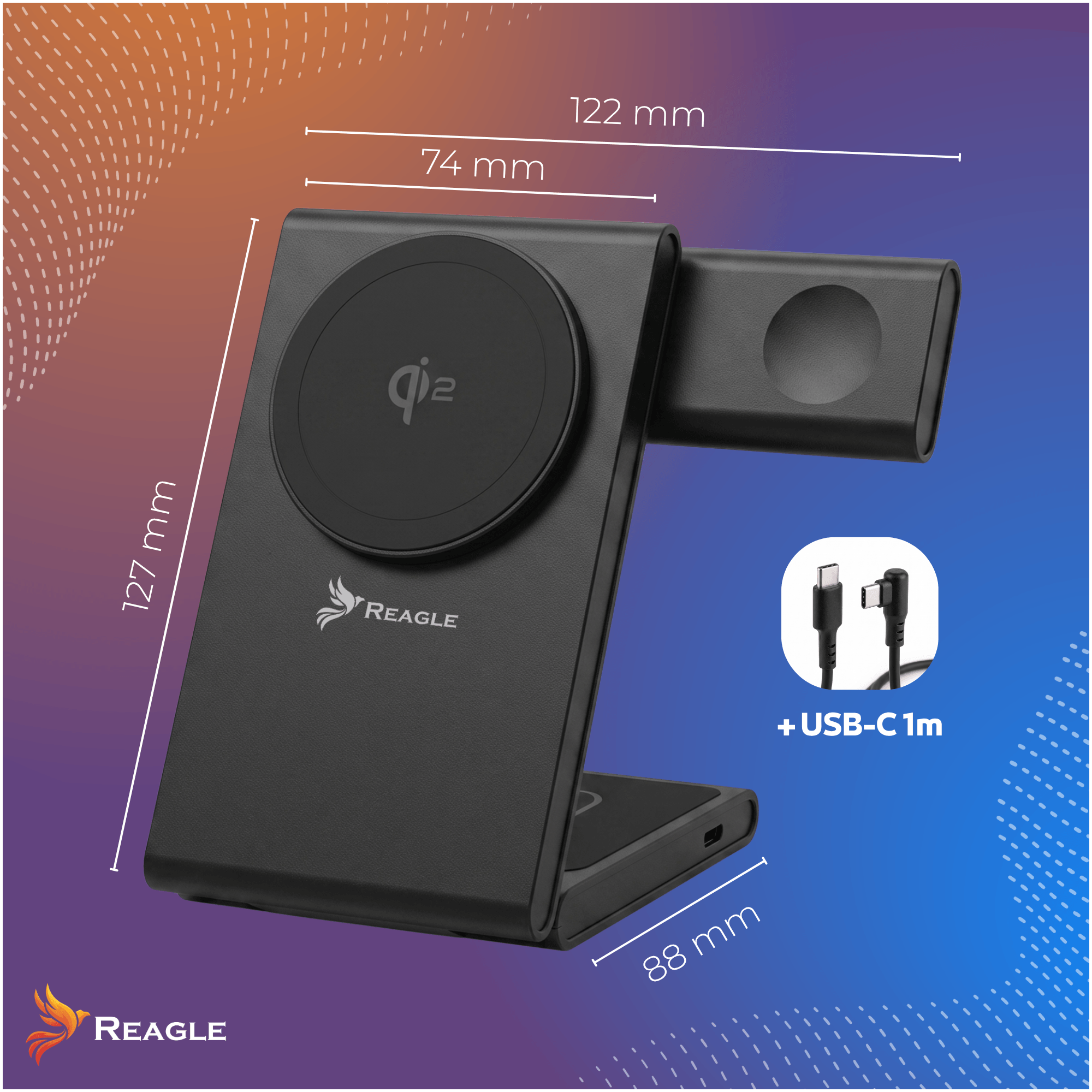 Czarna ładowarka indukcyjna z logo Reagle, z oznaczeniem \'qi2\' na przedniej części. Widoczne wymiary: 127 mm, 122 mm, 74 mm, 88 mm oraz kabel USB-C 1m.