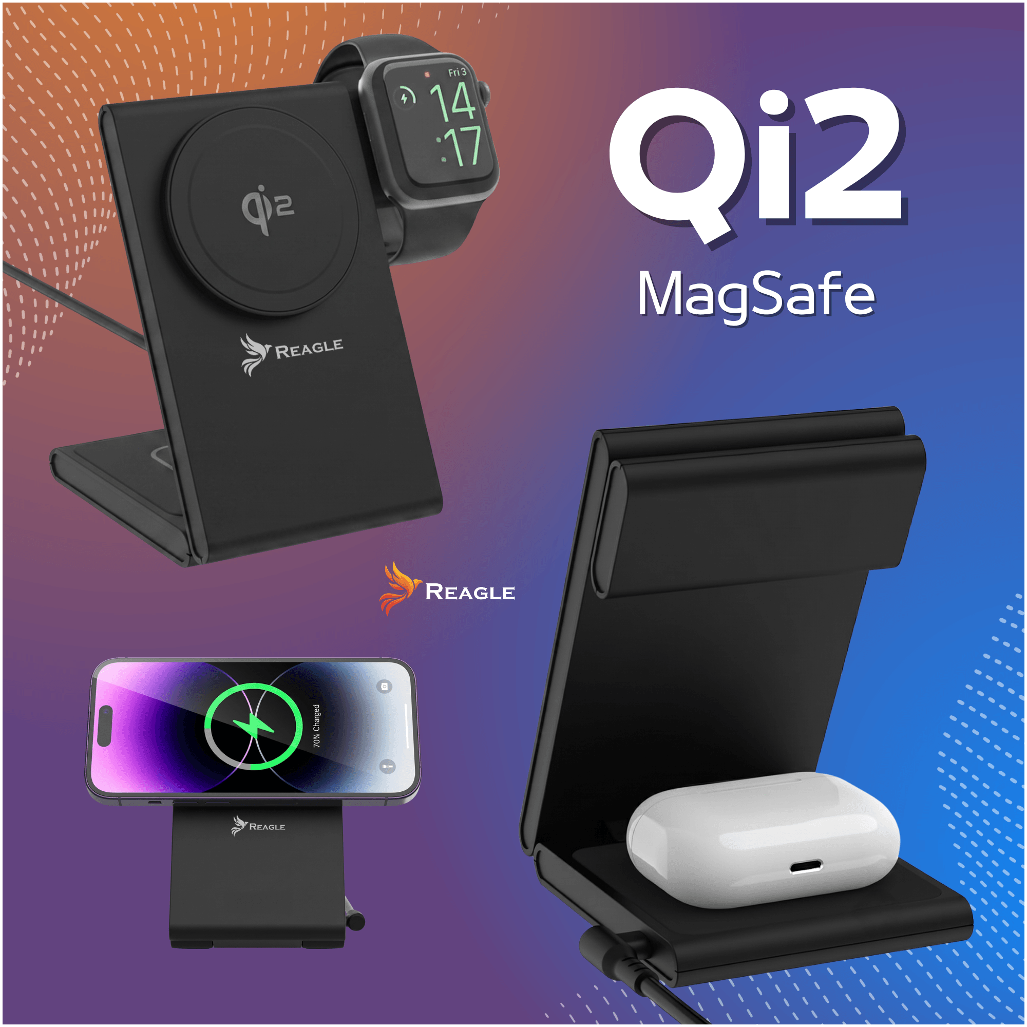 Obraz przedstawia czarną ładowarkę indukcyjną z logo \'REAGLE\' i napisem \'Qi2 MagSafe\'. Na ładowarce umieszczony jest smartwatch, a obok widoczny jest smartfon i etui na słuchawki.