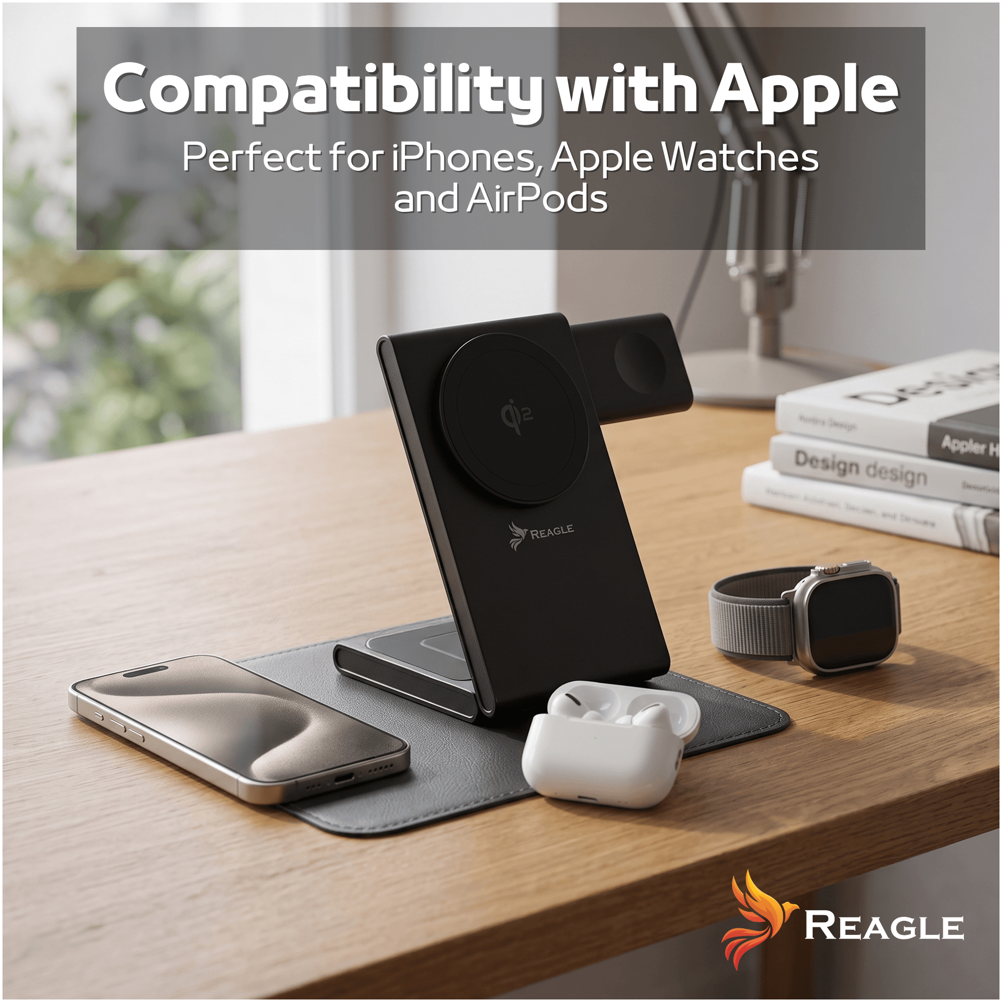 Na drewnianym biurku znajduje się czarna ładowarka indukcyjna z logo Reagle, obok której leżą smartfon, słuchawki i smartwatch. Na górze obrazu widnieje tekst: \'Compatibility with Apple Perfect for iPhones, Apple Watches and AirPods\'.