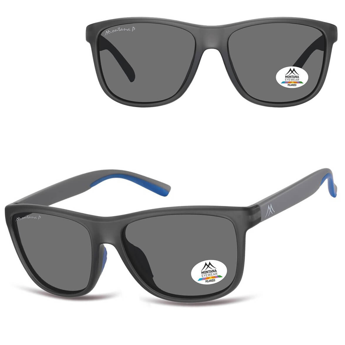 Prostokątne okulary przeciwsłoneczne z ciemnymi soczewkami i szarą oprawką, z logo \'Montana\' na zauszniku. Na soczewkach znajduje się naklejka z napisem \'MONTANA EYEWEAR POLARIZED\'.