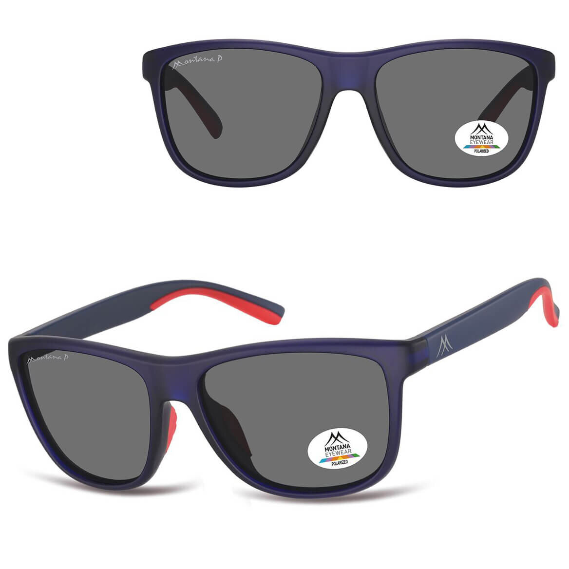 Prostokątne okulary przeciwsłoneczne z granatowymi oprawkami i ciemnymi soczewkami. Na soczewkach widoczne są napisy: \'Montana Eyewear Polarized\'.
