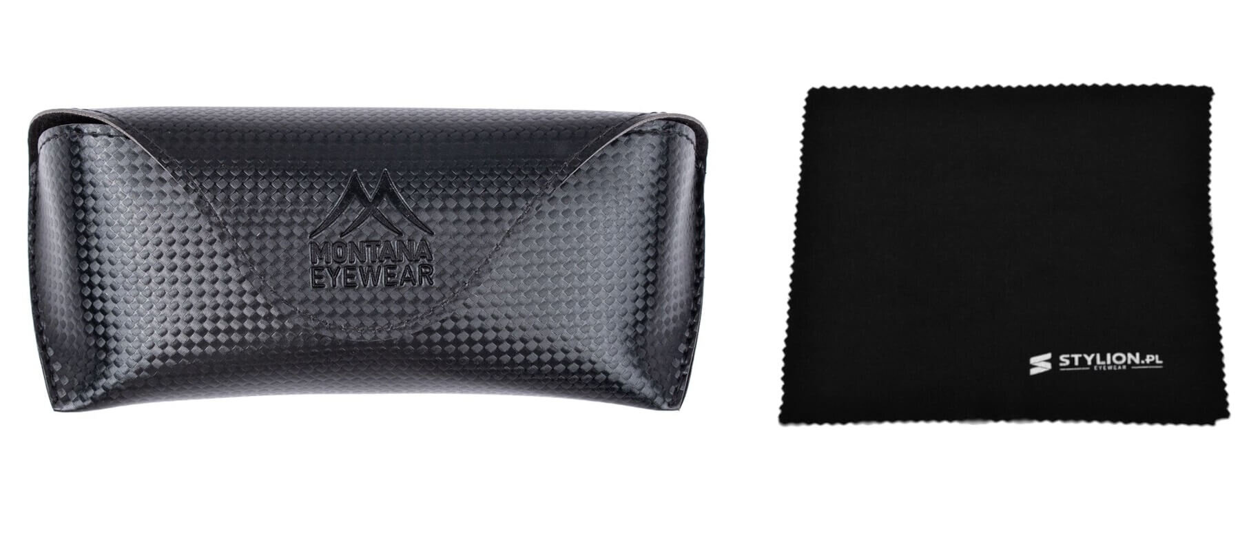 Na obrazie widoczny jest czarny futerał z teksturą i logo \'MONTANA EYEWEAR\' oraz czarna ściereczka z napisem \'STYLION.PL\'.