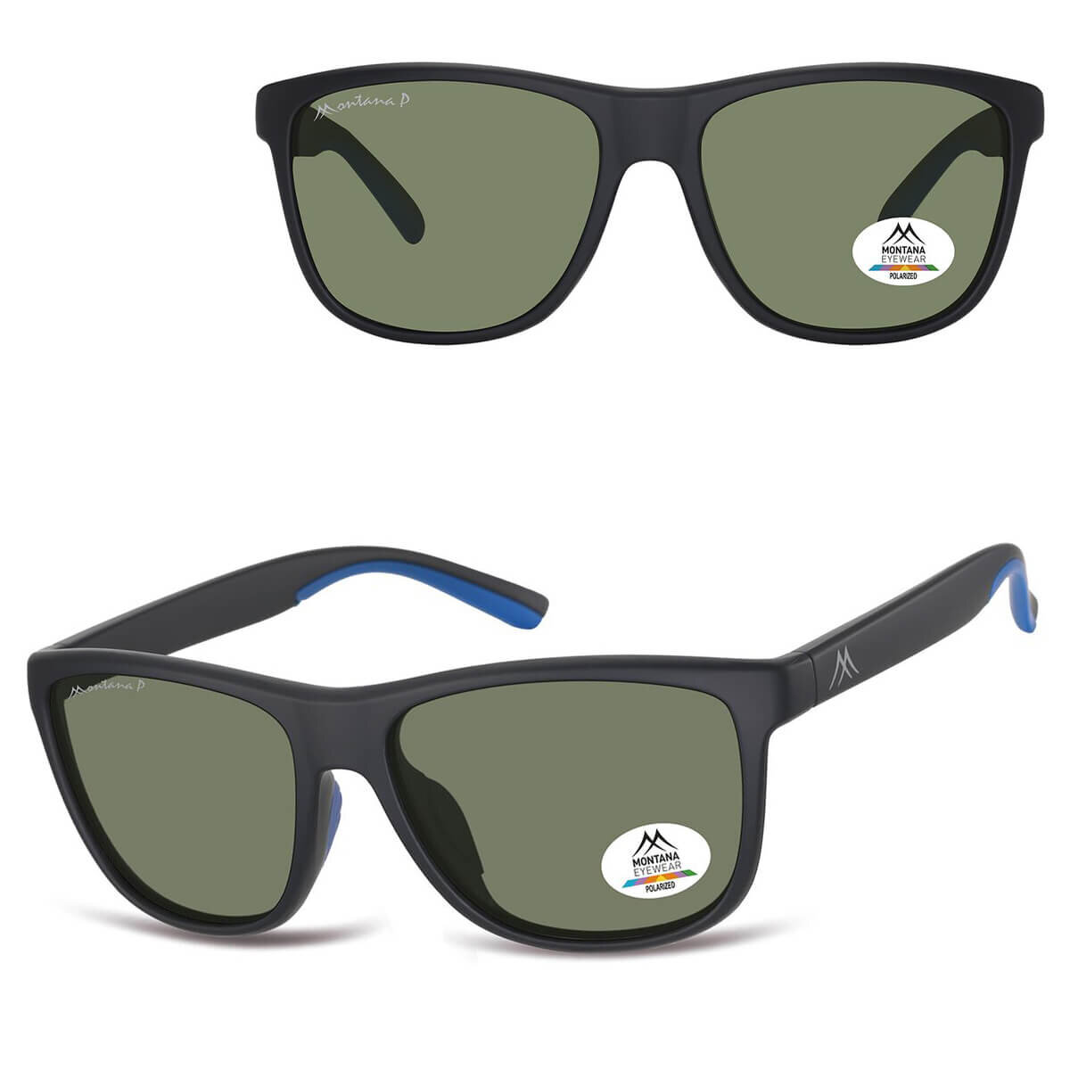 Prostokątne okulary przeciwsłoneczne z czarną oprawką i zielonymi soczewkami. Na soczewkach widoczna jest naklejka z napisem \'MONTANA EYEWEAR POLARIZED\'.