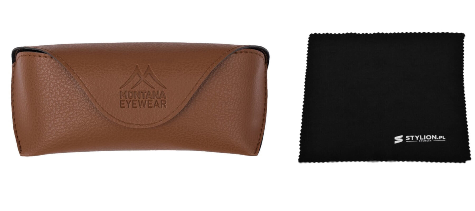 Na obrazie widoczny jest brązowy futerał z logo \'MONTANA EYEWEAR\' oraz czarna ściereczka z napisem \'STYLION.PL\'.