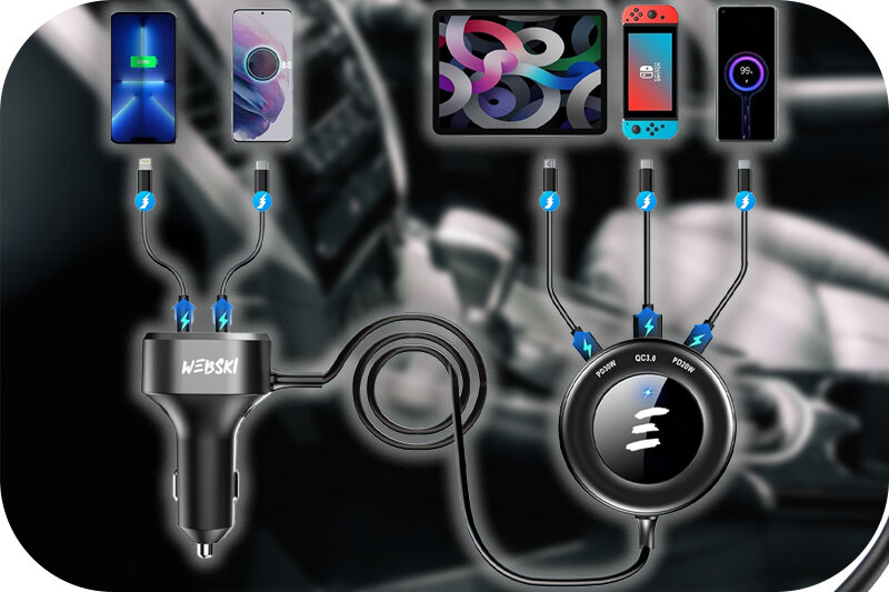Obraz przedstawia ładowarkę samochodową z logo \'WEBSKI\', podłączoną do kilku urządzeń elektronicznych, w tym smartfonów i tabletu. Ładowarka posiada kilka portów USB oznaczonych symbolami błyskawicy, a w tle widoczna jest deska rozdzielcza samochodu.