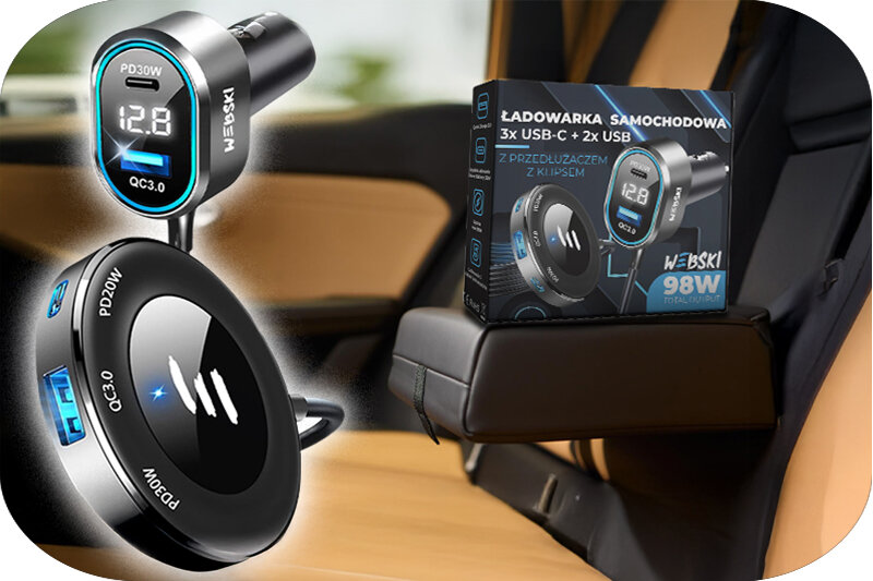 Obraz przedstawia ładowarkę samochodową z wyświetlaczem cyfrowym i kilkoma portami USB, obok której znajduje się pudełko z napisem \'ŁADOWARKA SAMOCHODOWA 3x USB-C + 2x USB Z PRZEDŁUŻACZEM Z KLIPSEM WEBSKI 98W\'.