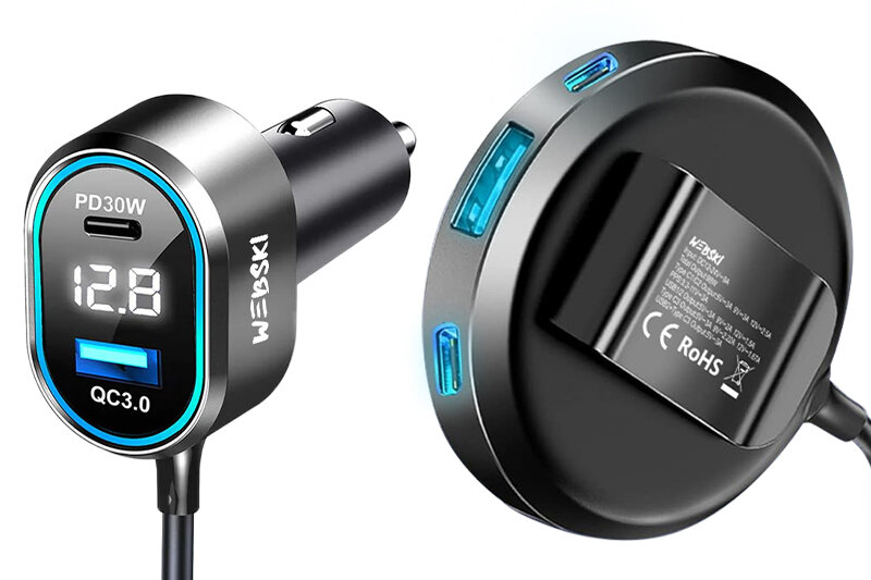 Na obrazie widoczna jest ładowarka samochodowa z wyświetlaczem pokazującym \'12.8\' oraz portami USB-C i USB-A. Na urządzeniu znajduje się napis \'WEBSKI\' oraz oznaczenia \'PD30W\' i \'QC3.0\'.