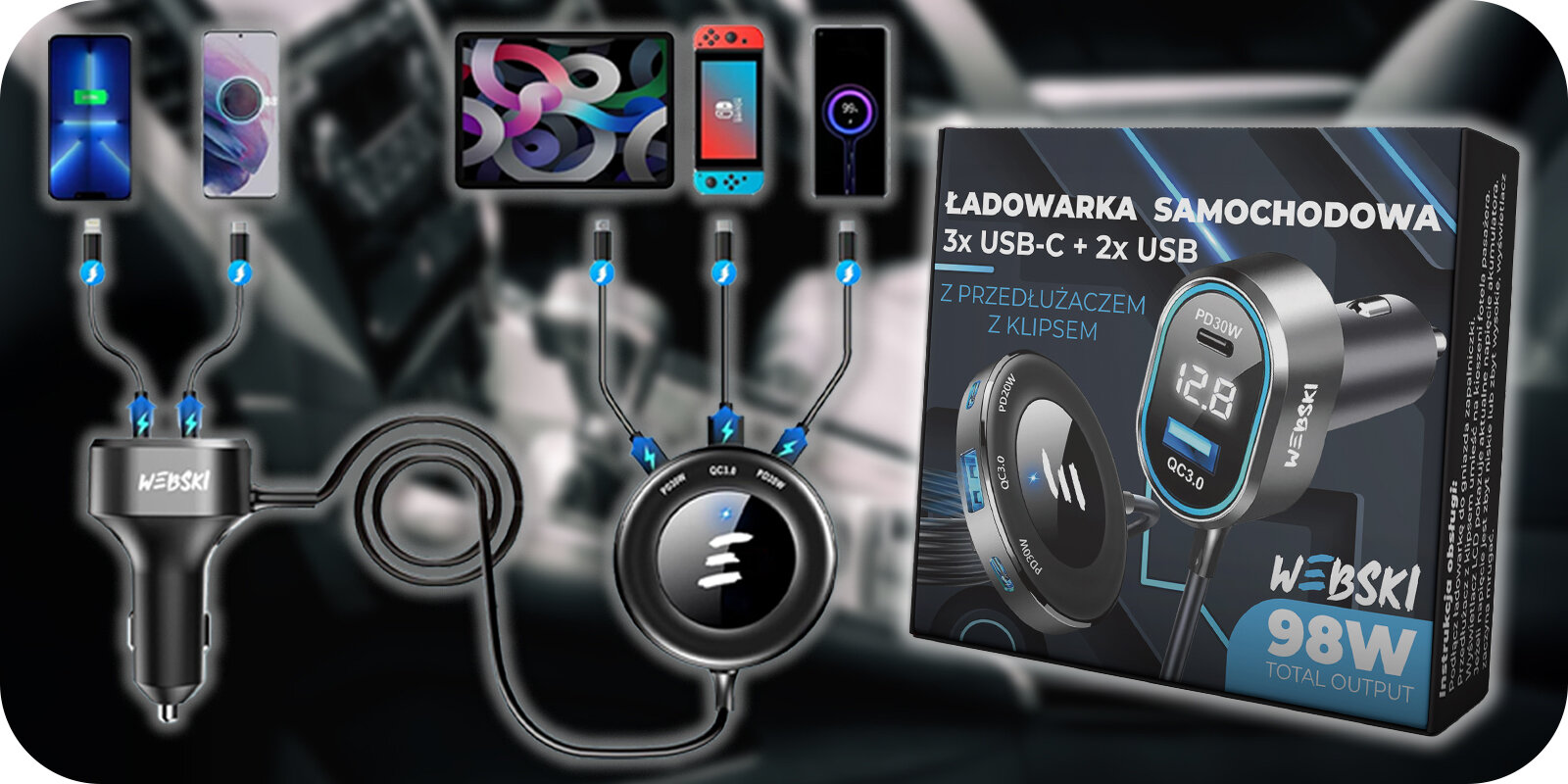 Obraz przedstawia ładowarkę samochodową z trzema portami USB-C i dwoma portami USB-A, z logo \'WEBSKI\'. Obok znajduje się opakowanie z napisem \'ŁADOWARKA SAMOCHODOWA 3x USB-C + 2x USB\' oraz \'98W TOTAL OUTPUT\'.