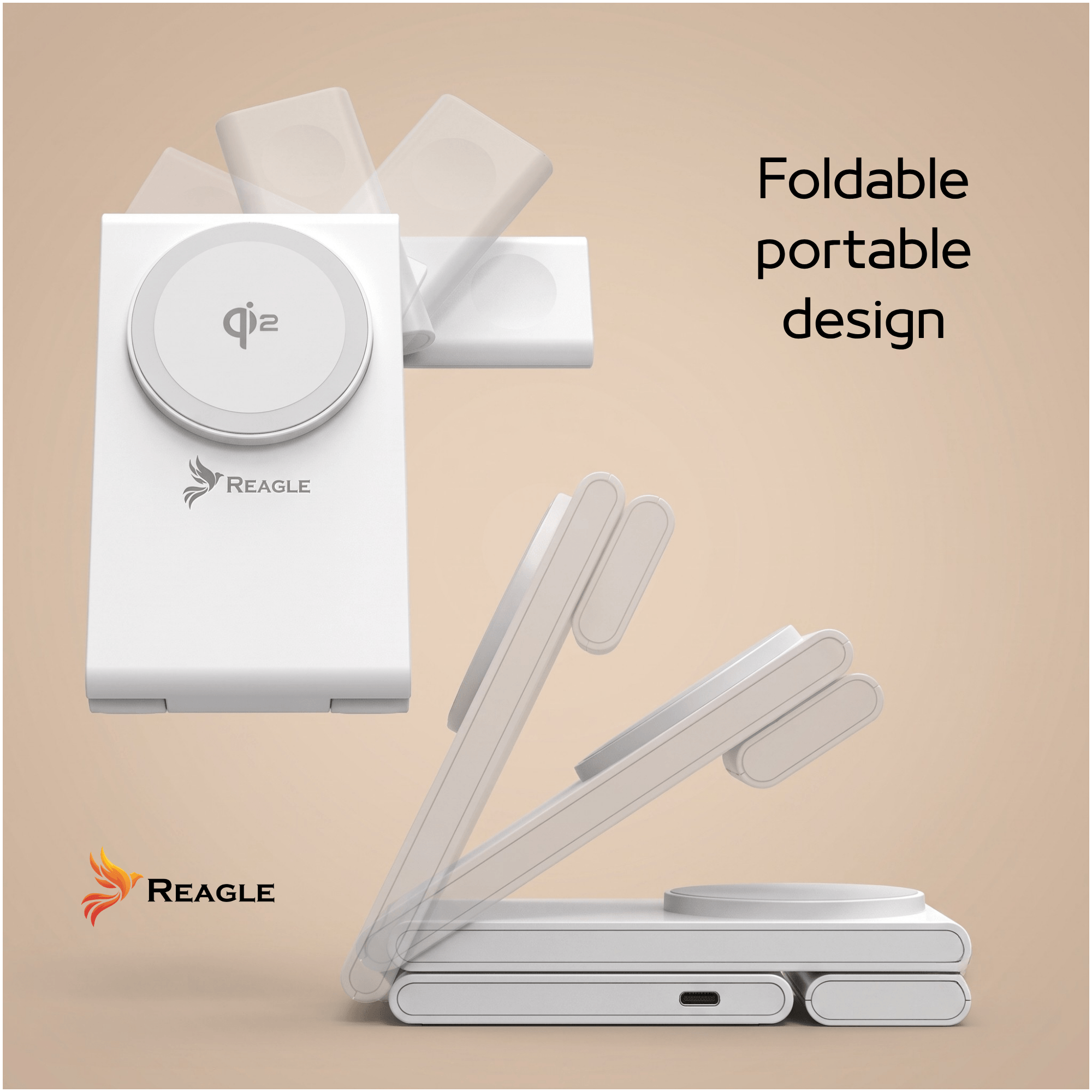 Biała ładowarka indukcyjna z logo \'Reagle\' i oznaczeniem \'qi2\', przedstawiona w różnych pozycjach składania. Obok widoczny jest napis \'Foldable portable design\'.